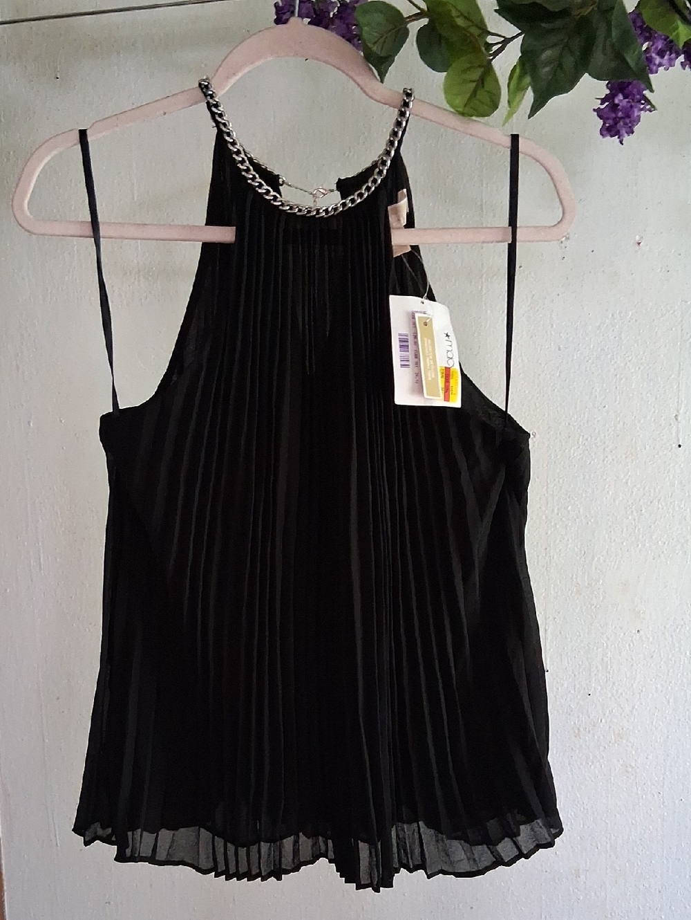 Michael Kors Black Pleated Halter Camisole with Chain Accent Neckline 🔥
